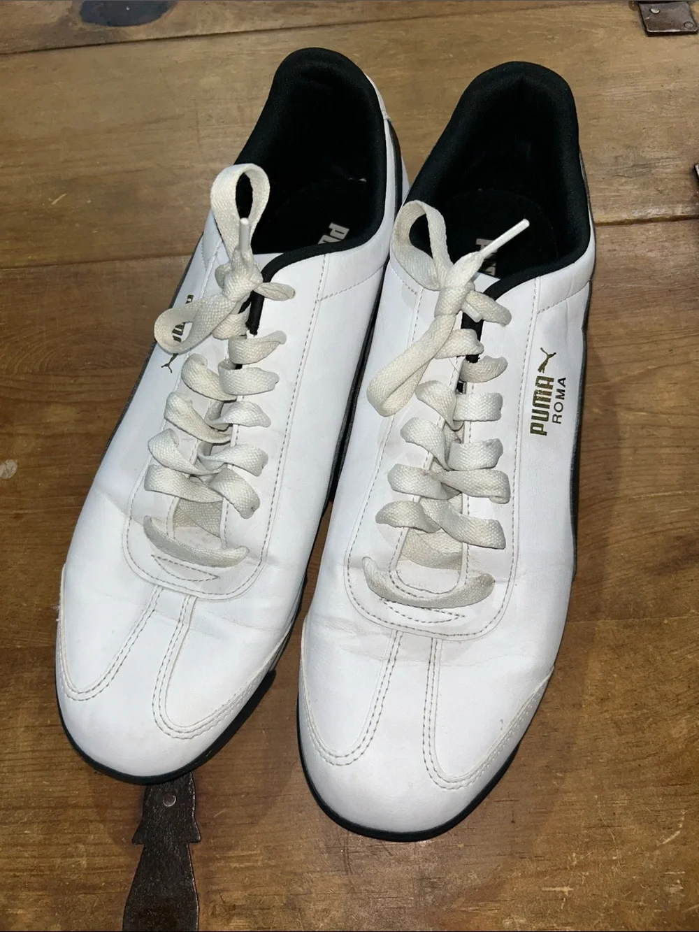 Puma White and Black Roma Men's Sneakers with Gold Logo Size 14